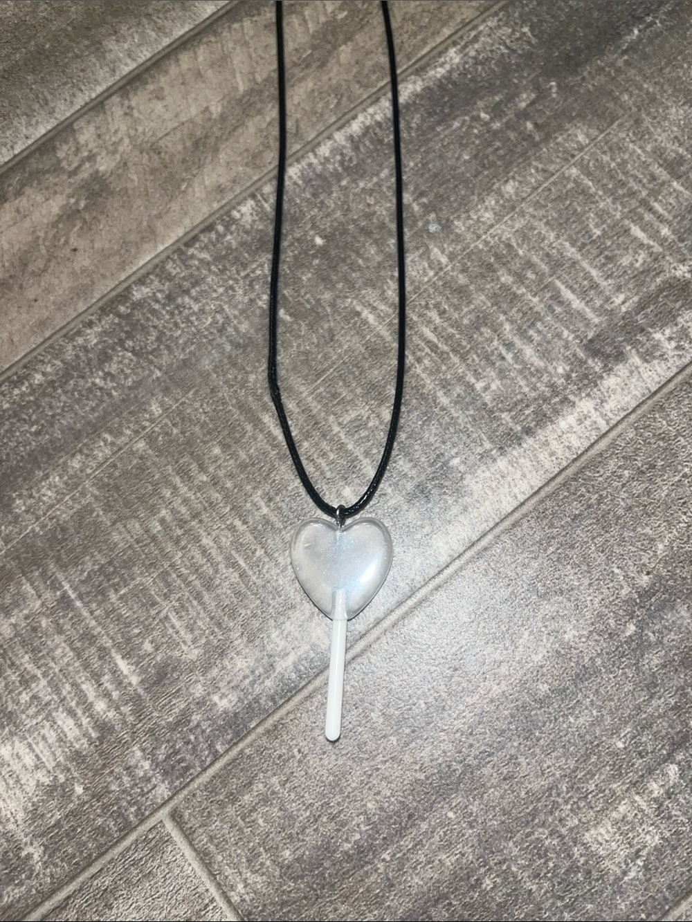 Silver Heart Lollipop Pendant Necklace with Black Cord